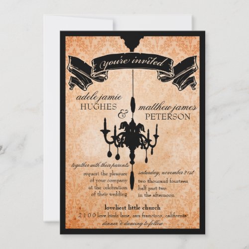 Victorian Chandelier  black  pale orange Wedding Invitation