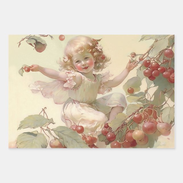 Victorian “Cherry Fairy” in a Fruit Tree   Wrapping Paper Sheets (Front)