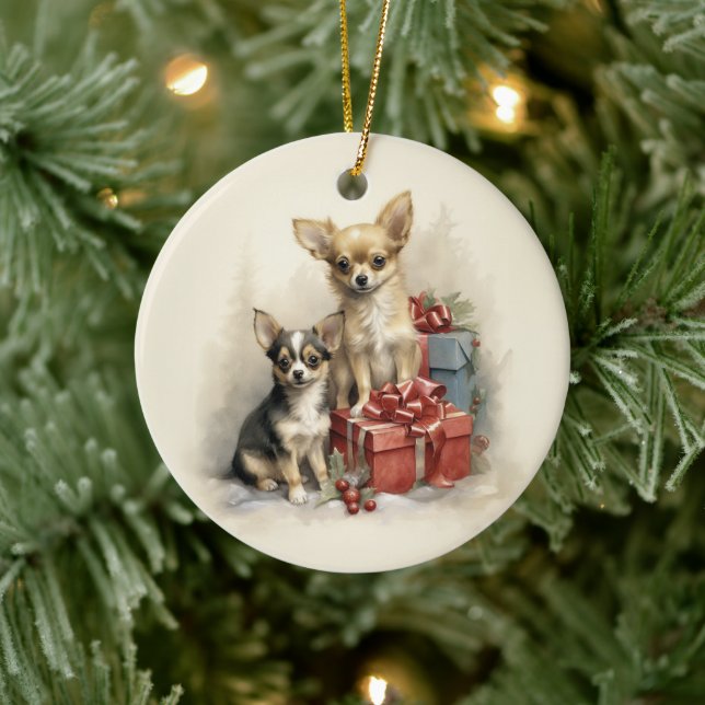 Victorian Chihuahua Puppy Christmas Ceramic Ornament (Tree)