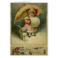 Victorian Child and Cat in Snow Christmas Card