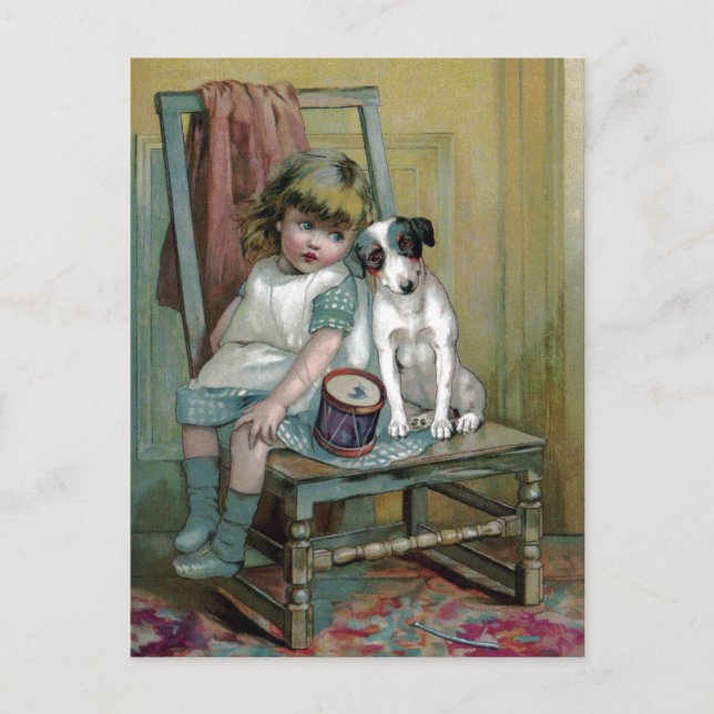Victorian Child and Dog Mourn Broken Drum Postcard (Front)
