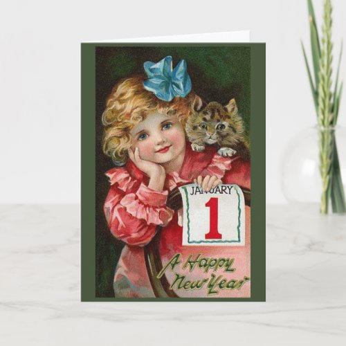 Victorian Child and Kitten New Year Greeting Card