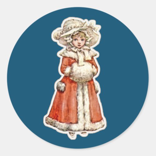 Victorian child paper doll winter coat hand muff classic round sticker
