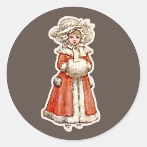 Victorian child paper doll winter coat hand muff classic round sticker