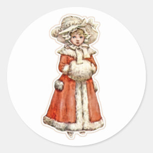 Victorian child paper doll winter coat hand muff classic round sticker