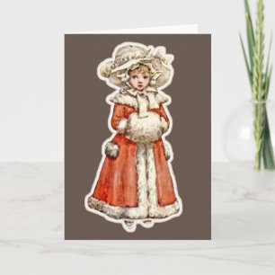 Victorian child paper doll winter red brown vintag card