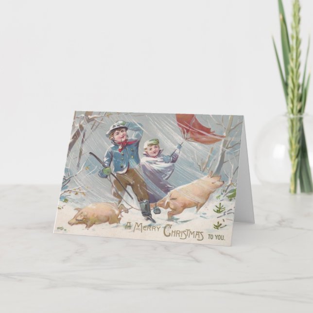 Victorian Children and Pigs Christmas Card (Front)
