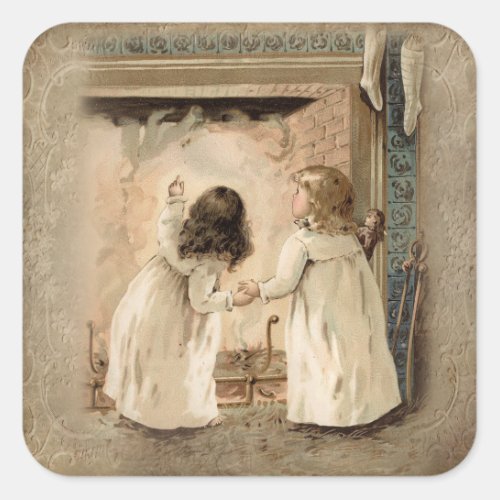 Victorian Children at Christmas Hearth Square Sticker
