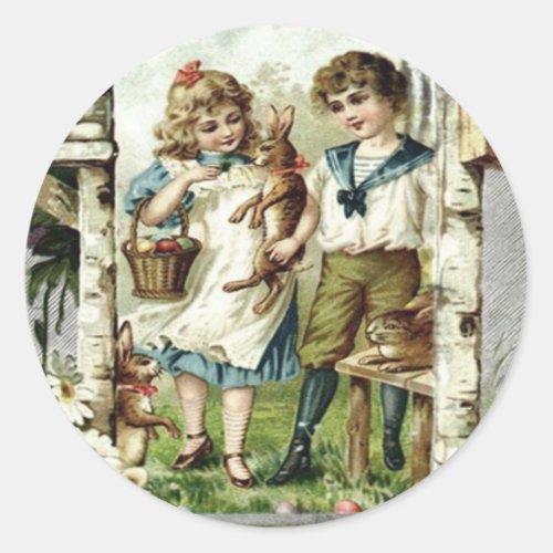 Victorian Children Easter Bunny Chick Egg Birdhous Classic Round Sticker