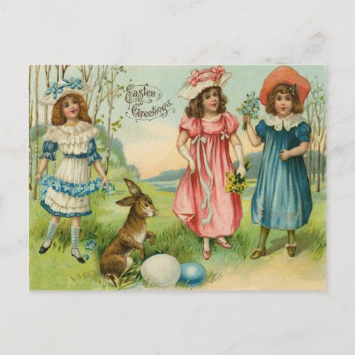 Victorian Children Easter Bunny Colored Egg Holiday Postcard