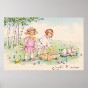 Victorian Children Easter Chick Bunny Field Poster