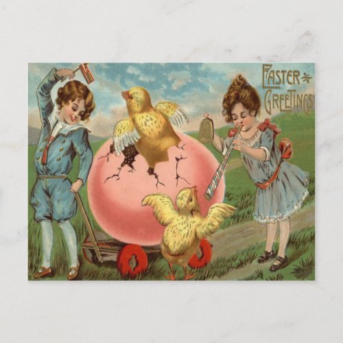 Victorian Children Easter Chick Colored Egg Holiday Postcard