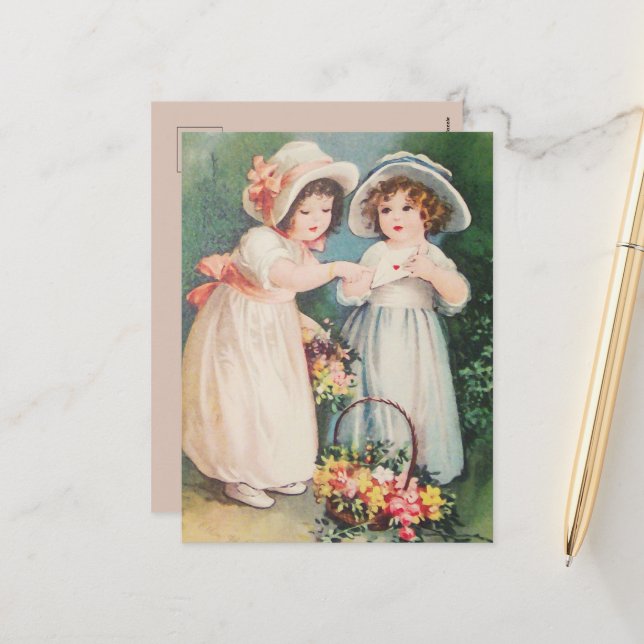 Victorian Children Holding a Valentine & Flowers Holiday Postcard (Front/Back In Situ)