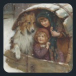 Victorian Children in Doghouse Square Sticker<br><div class="desc">Collie and Children in the Doghouse Postcard
Vintage Christmastime image of Victorian children playing in the snow with their dog. Cute doghouse is made from a whiskey barrel! Fine art from 1898 by Arthur Elsely.</div>