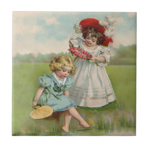 Victorian Children Vintage Summer Girls Garden Ceramic Tile