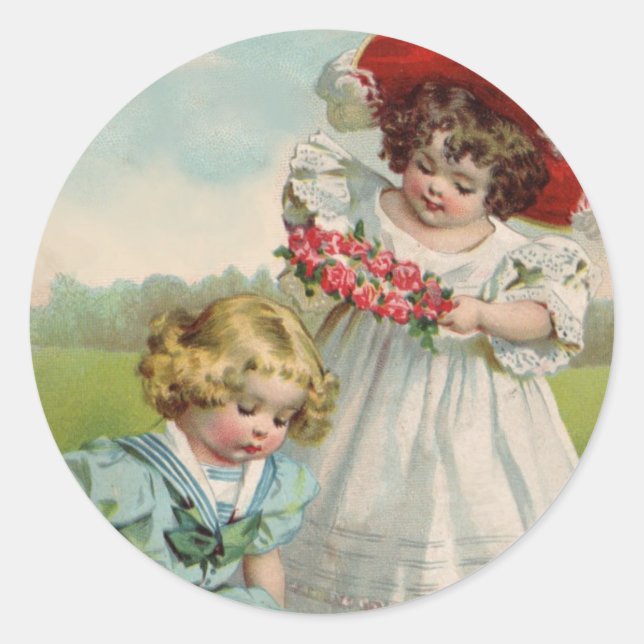 Victorian Children Vintage Summer Girls Garden Classic Round Sticker (Front)