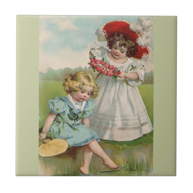 Victorian Children Vintage Summer Girls Garden Tile (Front)