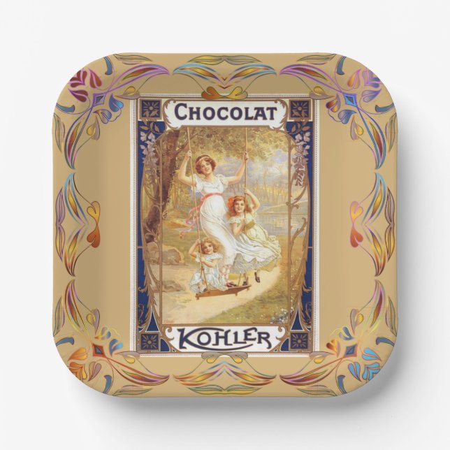 Victorian chocolate advertisement gold blue paper plates (Front)