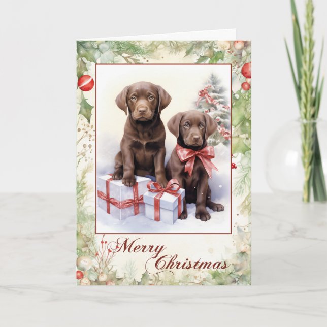 Victorian Chocolate Labrador Puppy Christmas Holiday Card (Front)
