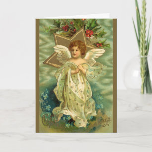 Victorian Christmas Angel with Vintage Gold Star Holiday Card