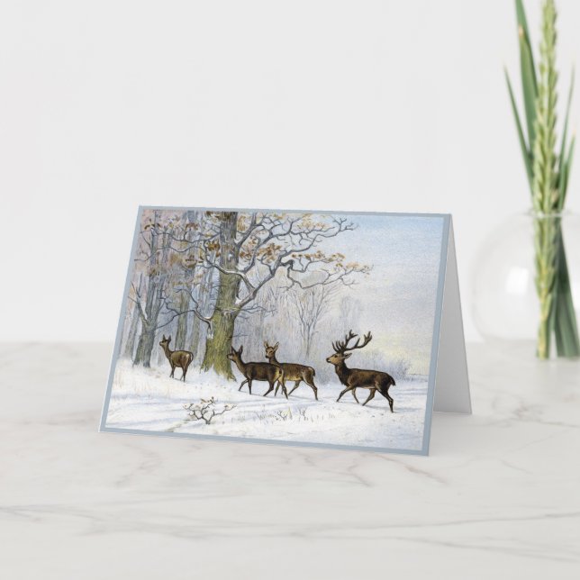 Victorian Christmas Card Deer in Snowy Woods (Front)