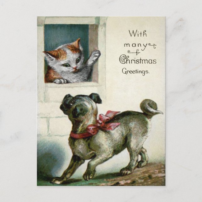 Victorian Christmas Cat and Dog Postcard (Front)