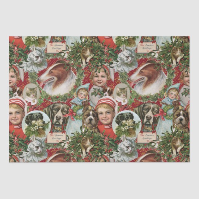 Victorian Christmas Cats And Dogs Scrap Collage  Tissue Paper (Front)