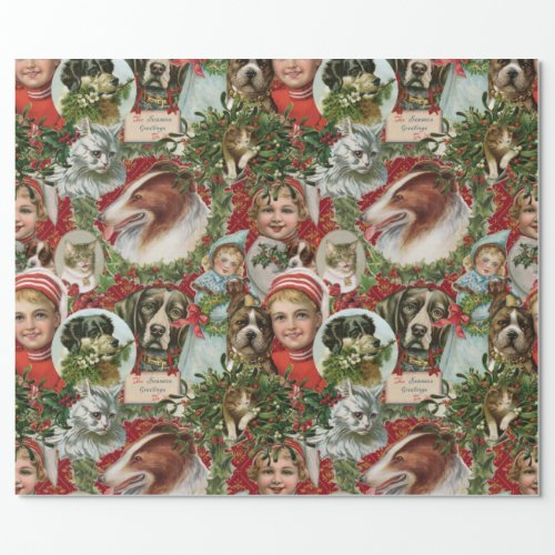 Victorian Christmas Cats And Dogs Scrap Collage Wrapping Paper