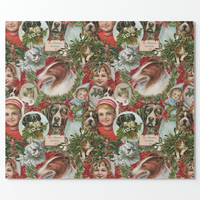 Victorian Christmas Cats And Dogs Scrap Collage Wrapping Paper (Flat)