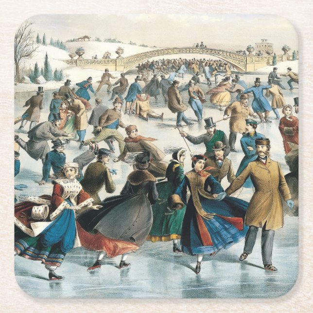 Victorian Christmas Central Park Currier & Ives Square Paper Coaster (Front)