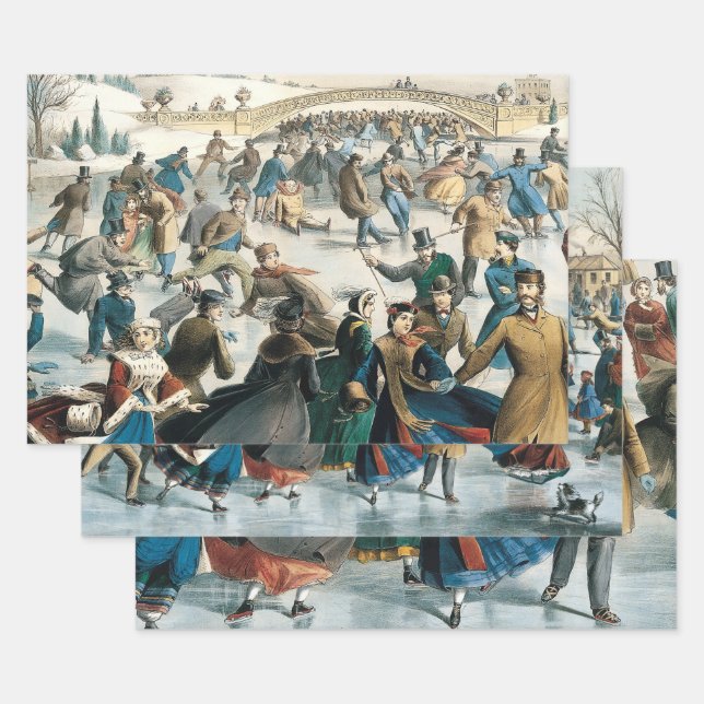 Victorian Christmas Central Park Currier & Ives Wrapping Paper Sheets (Set)