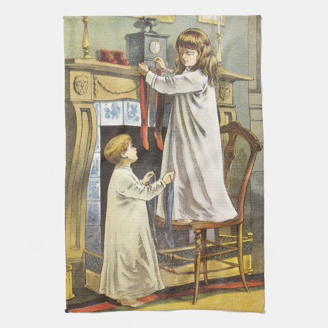 Victorian Christmas, Children Christmas Stockings Kitchen Towel (Vertical)