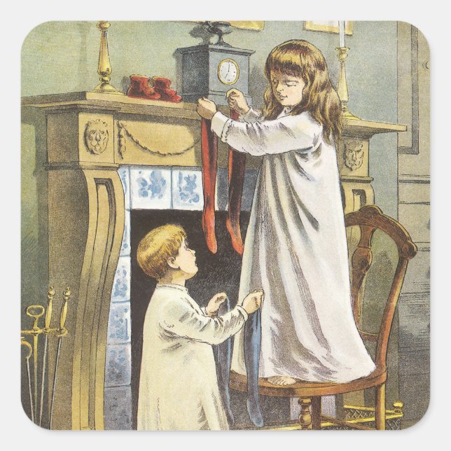 Victorian Christmas, Children Christmas Stockings Square Sticker (Front)