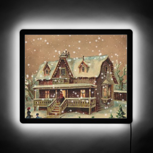 Victorian Christmas Cottage in Winter Illustration LED Sign