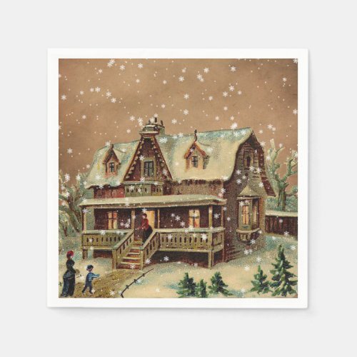 Victorian Christmas Cottage in Winter Illustration Napkins