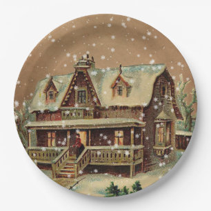 Victorian Christmas Cottage in Winter Illustration Paper Plates