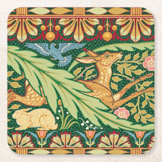 Victorian Christmas Deer and Rabbit - Walter Crane Square Paper Coaster