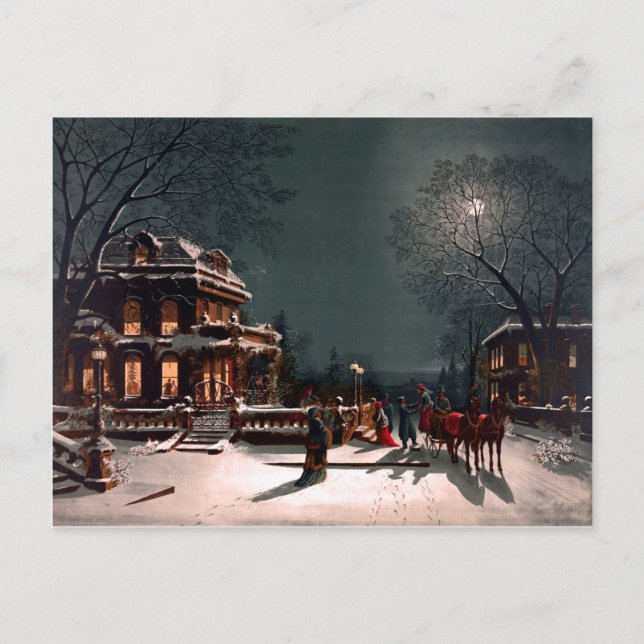 Victorian Christmas Eve Party Mansion Sleigh Snow Postcard (Front)