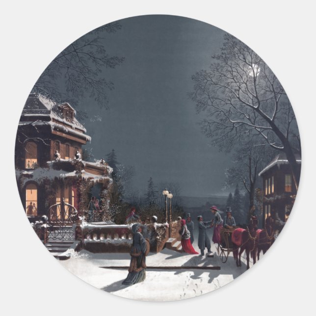 Victorian Christmas Eve Party Winter Carriage Classic Round Sticker (Front)