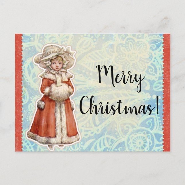 Victorian Christmas Girl in Fur Red Coat Holiday Postcard (Front)