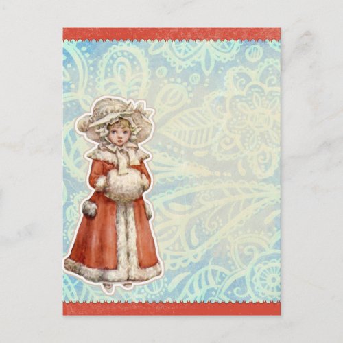 Victorian Christmas Girl in Fur Red Coat Holiday Postcard