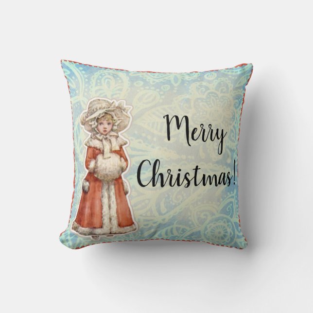 Victorian Christmas Girl in Fur Red Coat Throw Pillow (Front)