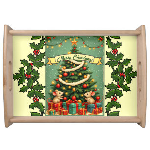 Victorian Christmas Happy Mice Red Green Holly Serving Tray