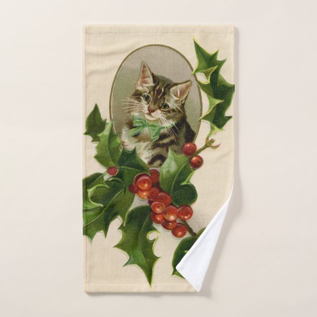Victorian Christmas Kitten in Holly Antique Tabby Bath Towel Set (Hand Towel)