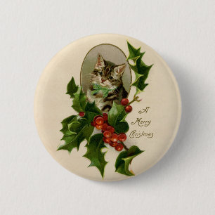 Victorian Christmas Kitten in Holly Antique Tabby Button
