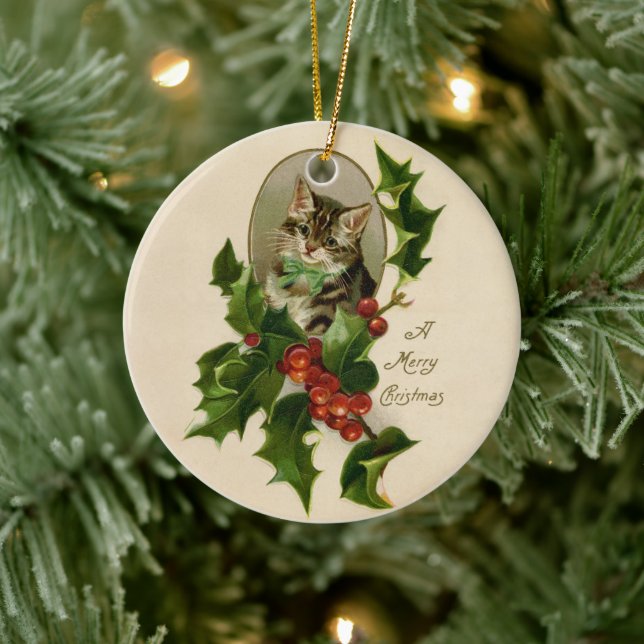 Victorian Christmas Kitten in Holly Antique Tabby Ceramic Ornament (Tree)