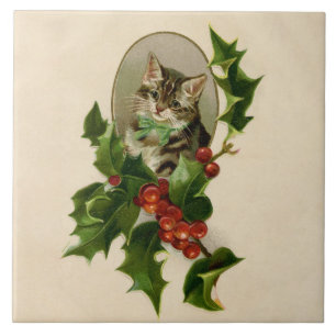 Victorian Christmas Kitten in Holly Antique Tabby Ceramic Tile