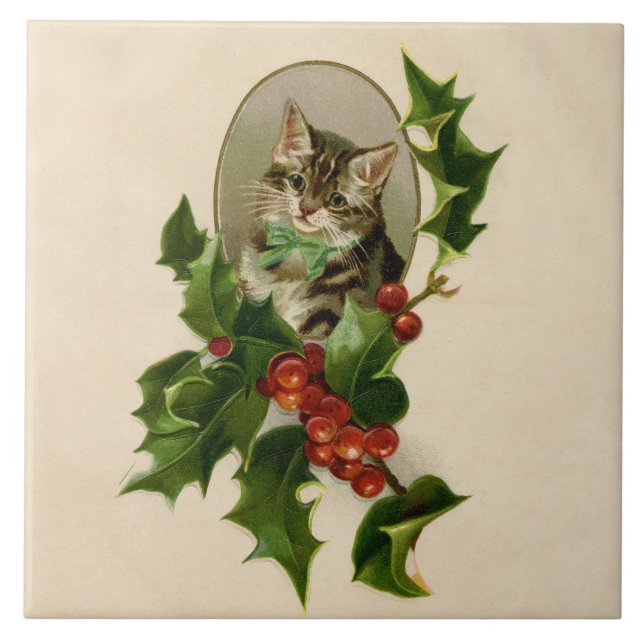 Victorian Christmas Kitten in Holly Antique Tabby Ceramic Tile (Front)