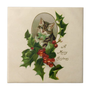 Victorian Christmas Kitten in Holly Antique Tabby Ceramic Tile