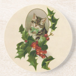 Victorian Christmas Kitten in Holly Antique Tabby Coaster
